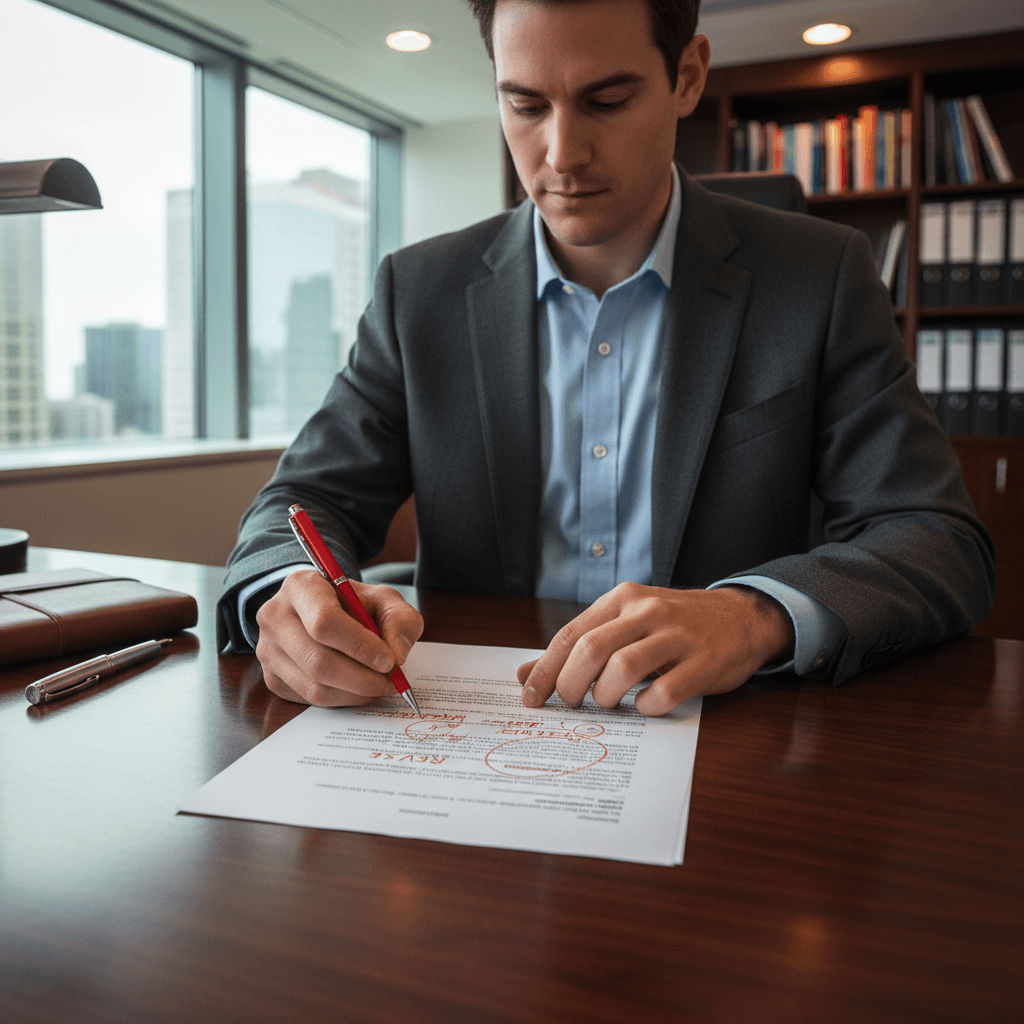 Personne corrigeant un document sur papier avec un stylo rouge