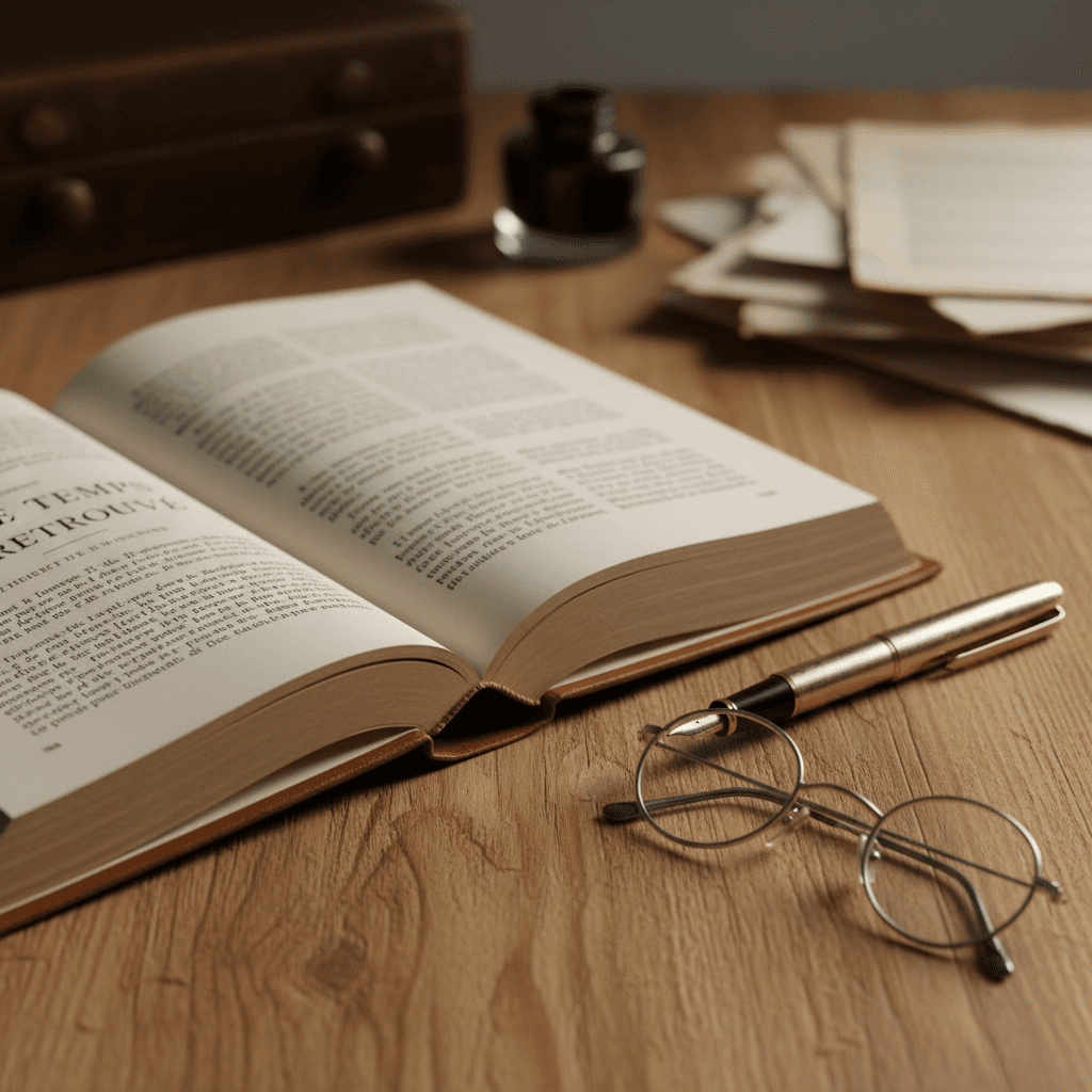 Livre ouvert avec du texte français à côté d'un stylo et de lunettes