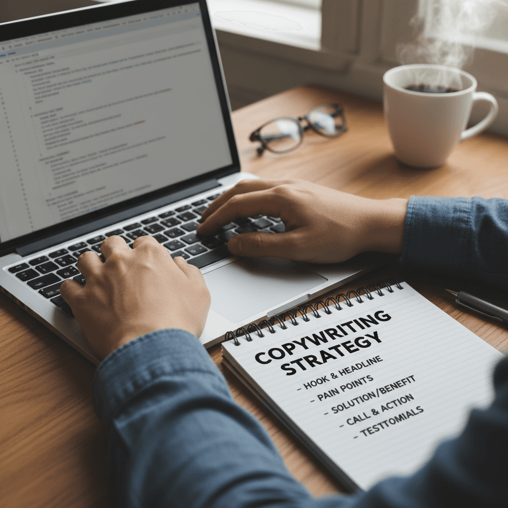Personne tapant sur un ordinateur portable avec des notes de rédaction