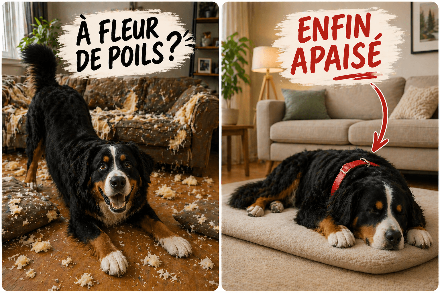 Bouvier bernois agité devant un canapé détruit, puis serein et endormi sur son panier.