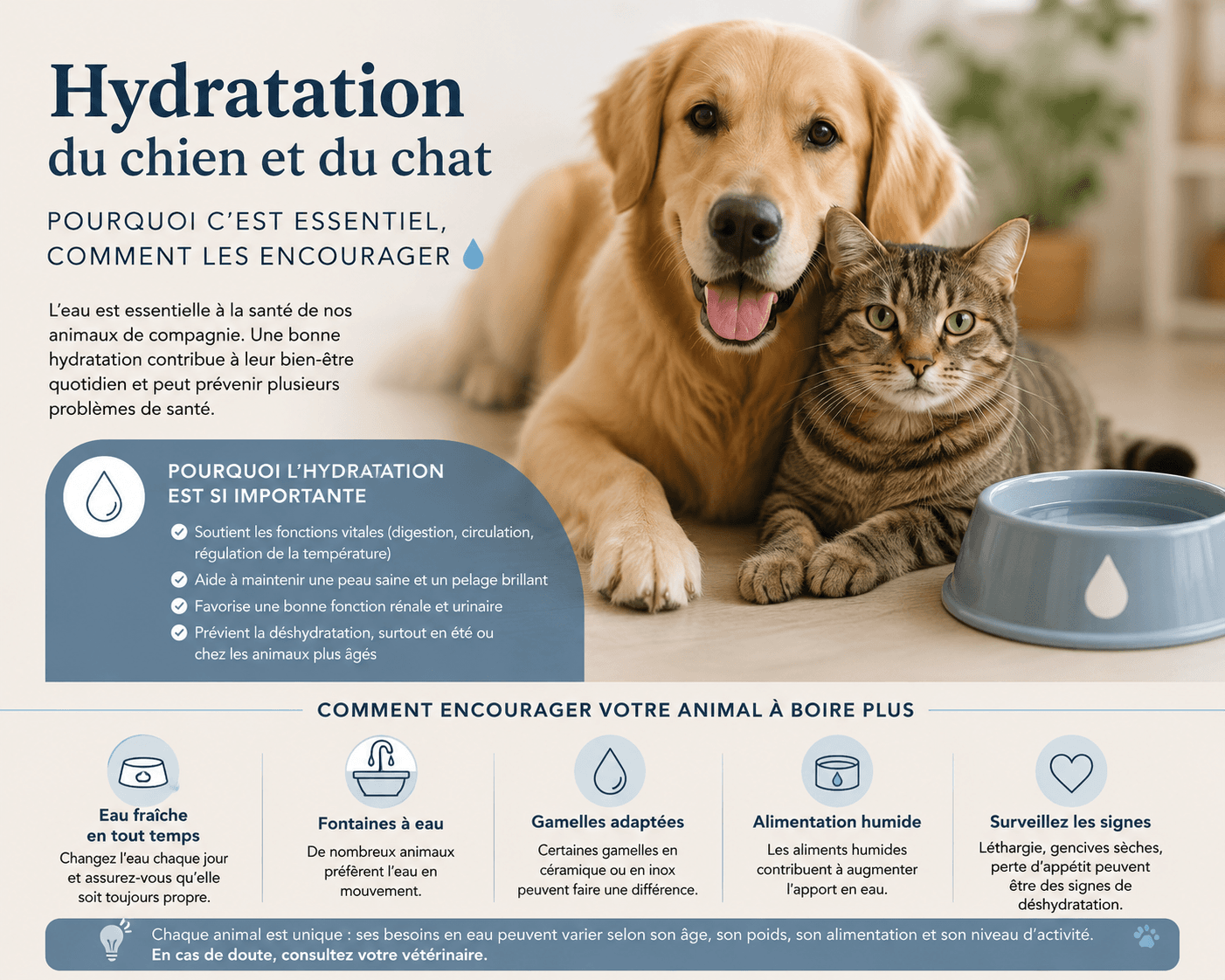 Infographie sur l'hydratation des animaux illustrée par un Golden Retriever et un chat tigré.