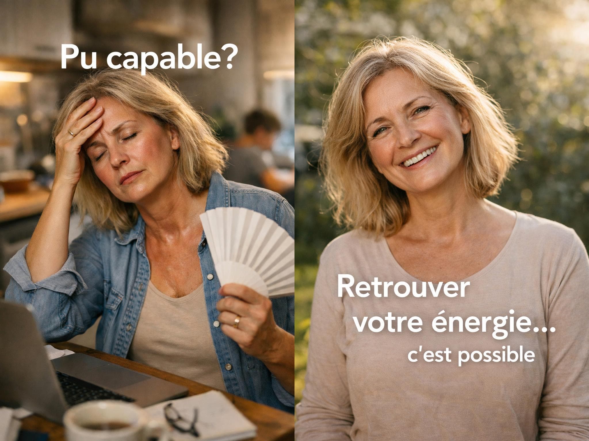 Femme épuisée avec un éventail à gauche, puis souriante et pleine de vitalité à droite.